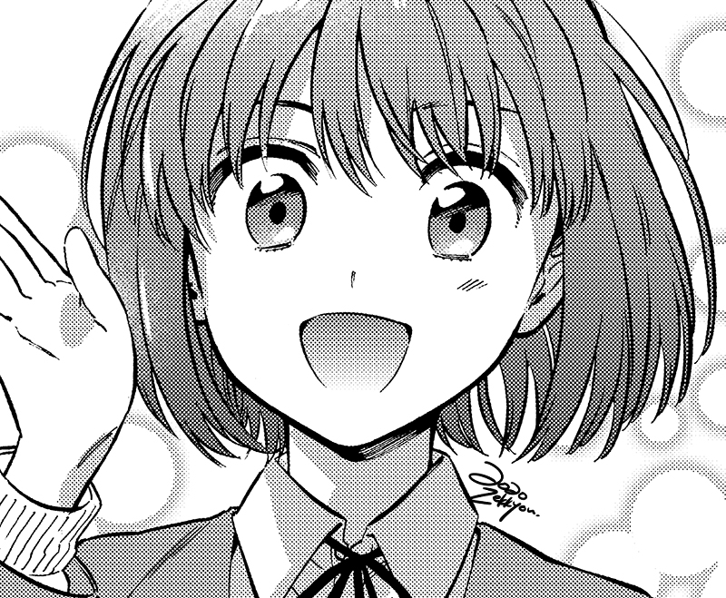 1girl artist_name blazer bob_cut cardigan close-up collared_shirt cropped_torso dress_shirt greyscale hair_between_eyes hand_up jacket kushieda_minori light_blush looking_at_viewer medium_hair monochrome neck_ribbon oohashi_high_school_uniform open_mouth portrait ribbon school_uniform shirt simple_background smile solo toradora! zekkyou_(h9s9)