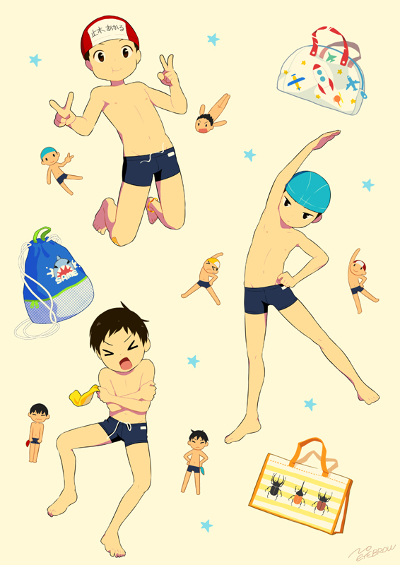 &gt;_&lt; 3boys armpits bag barefoot black_eyes blue_male_swimwear blue_school_swimsuit brown_hair child double_v drawstring looking_at_viewer male_focus male_school_swimsuit male_swimwear multiple_boys name_tag noeyebrow_(mauve) open_mouth original pectorals short_hair simple_background standing stretching swim_cap swim_trunks topless_male v