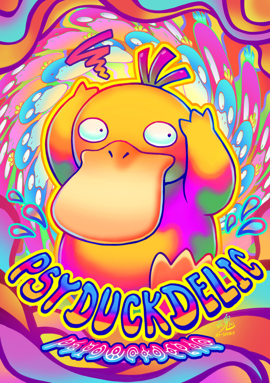 animal_focus arms_up artist_name commentary english_commentary game_freak gen_1_pokemon hands_on_own_head highres nintendo no_humans outline pokemon pokemon_(creature) pokemon_focus psychedelic psyduck ry-spirit solo water_drop yellow_outline