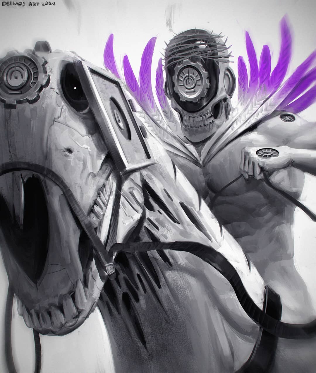 clock deimos_art facing_to_the_side feather_collar highres jojo_no_kimyou_na_bouken made_in_heaven_(stand) monochrome simple_background skeleton_horse skull solo spot_color stand_(jojo) stone_ocean teeth white_background