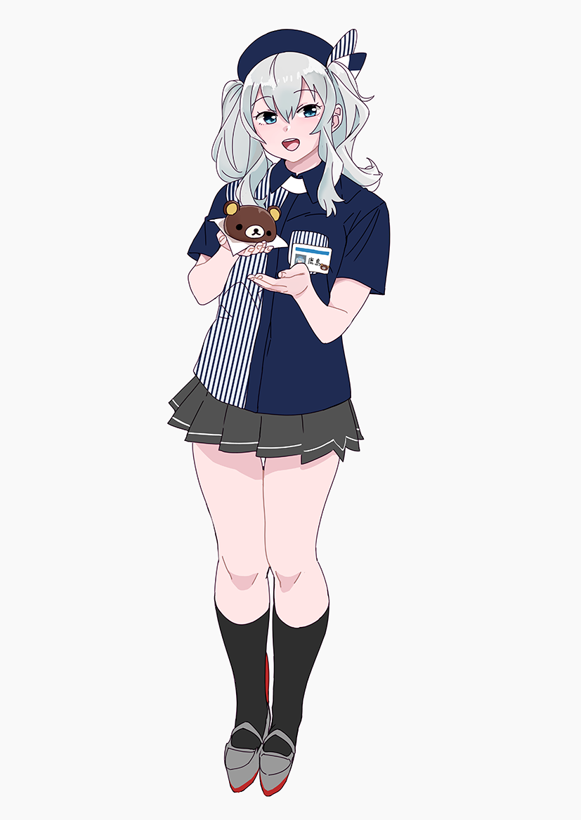 1girl bad_id bad_twitter_id beret black_hat black_skirt black_socks blue_eyes blue_hat bread collared_shirt crossover employee_uniform female_focus food full_body grey_background hat kantai_collection kashima_(kancolle) kashima_(lawson)_(kancolle) kneehighs lawson looking_at_viewer miniskirt ojipon open_mouth pinstripe_pattern pinstripe_shirt pleated_skirt rilakkuma san-x shirt sidelocks silver_hair simple_background skirt smile socks solo standing striped_clothes striped_shirt twintails wavy_hair
