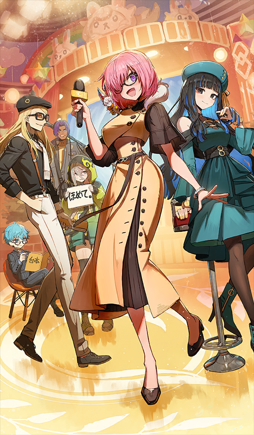 3boys 3girls bare_shoulders belt beret bhima_(fate) black_hair black_jacket black_shirt black_shorts black_suit blonde_hair blue_eyes blue_hair blush boots bracelet breasts brown_dress chair colored_inner_hair dress eyeliner fate/grand_order fate_(series) formal_clothes fou_(fate) full_body glasses green_dress green_hair green_hat green_jacket grey_eyes grin hair_between_eyes hair_over_one_eye hans_christian_andersen_(fate) hat high_heel_boots high_heels hood hooded_jacket huyan_zhuo_(fate) jacket jewelry kuroi_susumu large_breasts long_hair long_sleeves looking_at_viewer makeup mash_kyrielight microphone multicolored_hair multiple_boys multiple_girls neck_ring o-ring official_art open_mouth pants pantyhose pink_hair purple_eyes purple_hair scarf shirt short_hair short_sleeves shorts sidelocks small_breasts smile streaked_hair suit sunglasses suspenders tenochtitlan_(fate) tezcatlipoca_(fate) thighhighs very_long_hair white_hair white_pants white_scarf