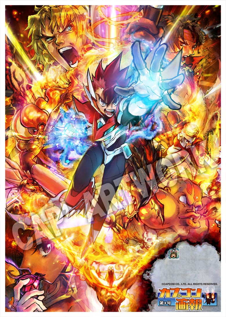 1girl 6+boys alien armor black_hair blonde_hair blowing blue_eyes blue_fire breasts breath_weapon breathing_fire brown_hair burned_paper burnt capcom cleavage clenched_hand dark_skin darkstalkers demon_horns dhalsim dragon fiery_hair fire fire_elemental fire_man gaist_crusher gem gloves headband holding holding_gem holding_nunchaku holding_weapon horns indian ken_masters kiss long_hair looking_at_viewer mega_man_(classic) mega_man_(series) monster_hunter_(series) multiple_boys muscular muscular_male navel nunchaku official_art one_eye_covered open_mouth pasties power_stone pyron rathalos red_gemstone red_hair robot rouge_(power_stone) scar shell_pasties shirogane_rekka short_hair shoulder_armor skull spiked_hair street_fighter street_fighter_ii_(series) tamio teeth tenchi_wo_kurau_ii_(arcade) thick_eyebrows watermark weapon zhang_fei_(romance_of_the_three_kingdoms)