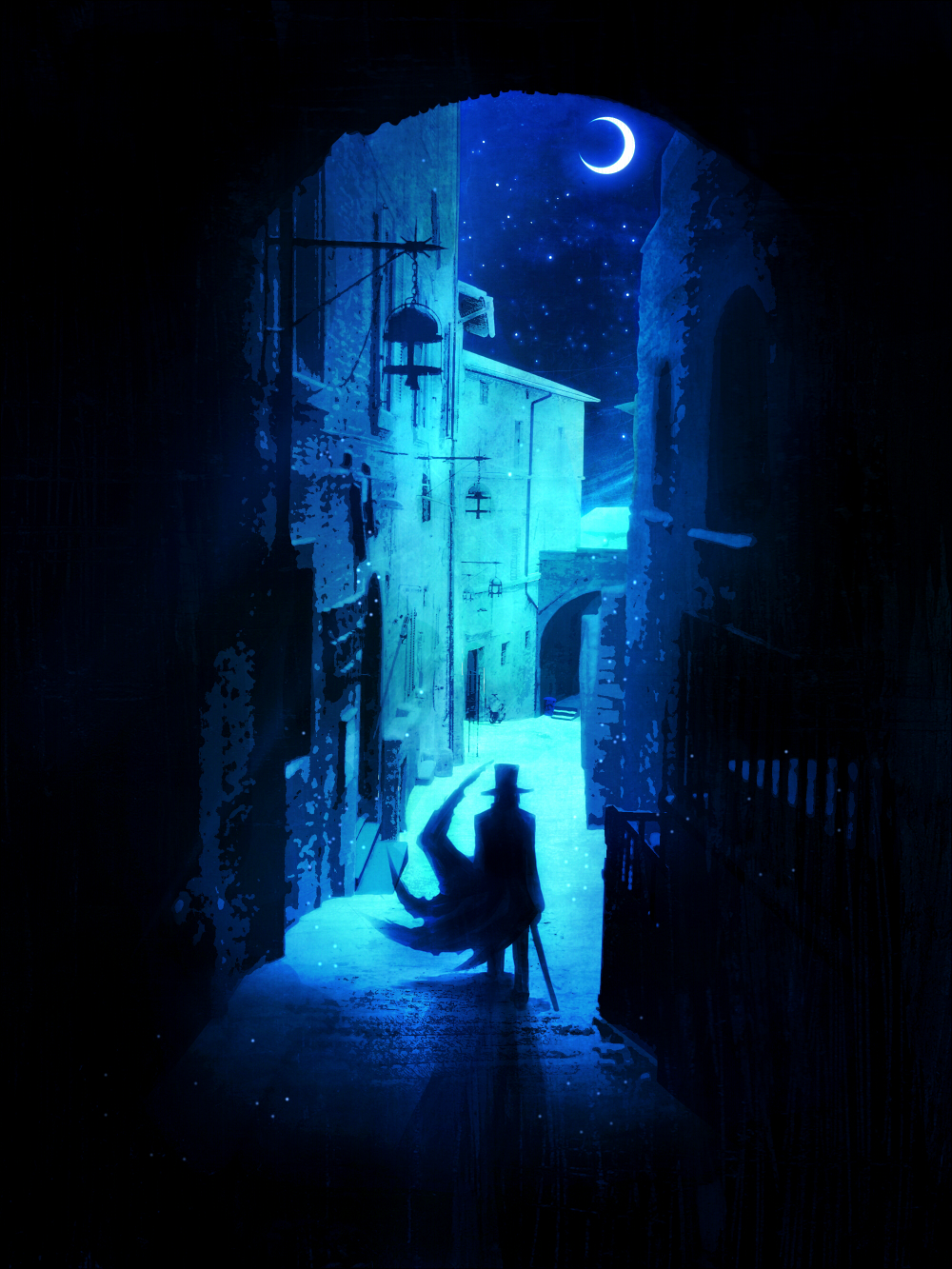 1boy blue_theme building cape cityscape crescent_moon dannzairosuto from_behind hat highres male_focus monochrome moon night night_sky original scenery sky solo star_(sky) star_(symbol) starry_sky