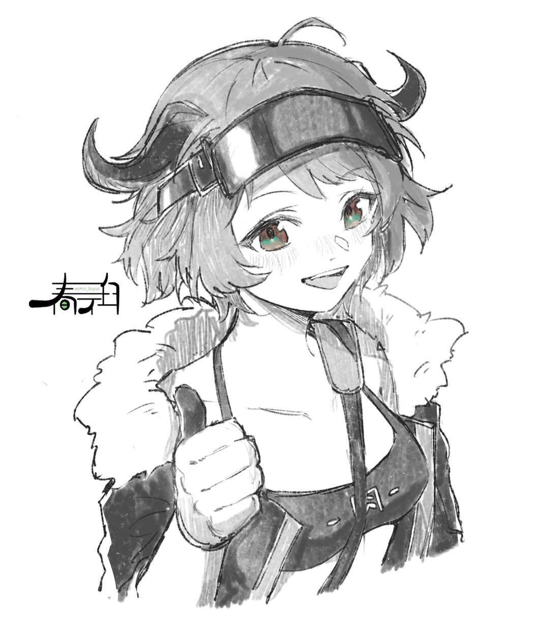 1girl :d arknights artist_logo brown_eyes collarbone commentary_request croissant_(arknights) cropped_torso fur-trimmed_jacket fur_trim gloves green_eyes greyscale hand_up harukan_tiusu highres horns jacket light_blush logo looking_at_viewer monochrome open_clothes open_jacket open_mouth short_hair simple_background sketch smile solo sports_bra spot_color thumbs_up white_background