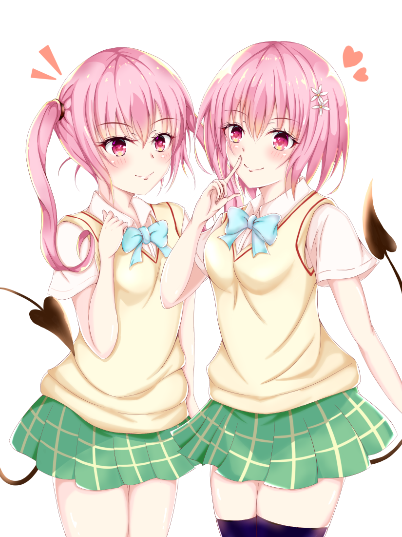 2girls black_thighhighs blue_bow blue_bowtie bow bowtie breasts brkn collared_shirt commentary cowboy_shot demon_tail fingernails flower green_skirt hair_flower hair_ornament hand_up heart long_hair looking_at_viewer momo_velia_deviluke multiple_girls nana_asta_deviluke notice_lines pink_eyes pink_hair plaid_clothes plaid_skirt sainan_high_school_uniform school_uniform shirt short_hair short_sleeves siblings sisters skirt smile sweater_vest tail thighhighs to_love-ru twins twintails white_shirt yellow_sweater_vest