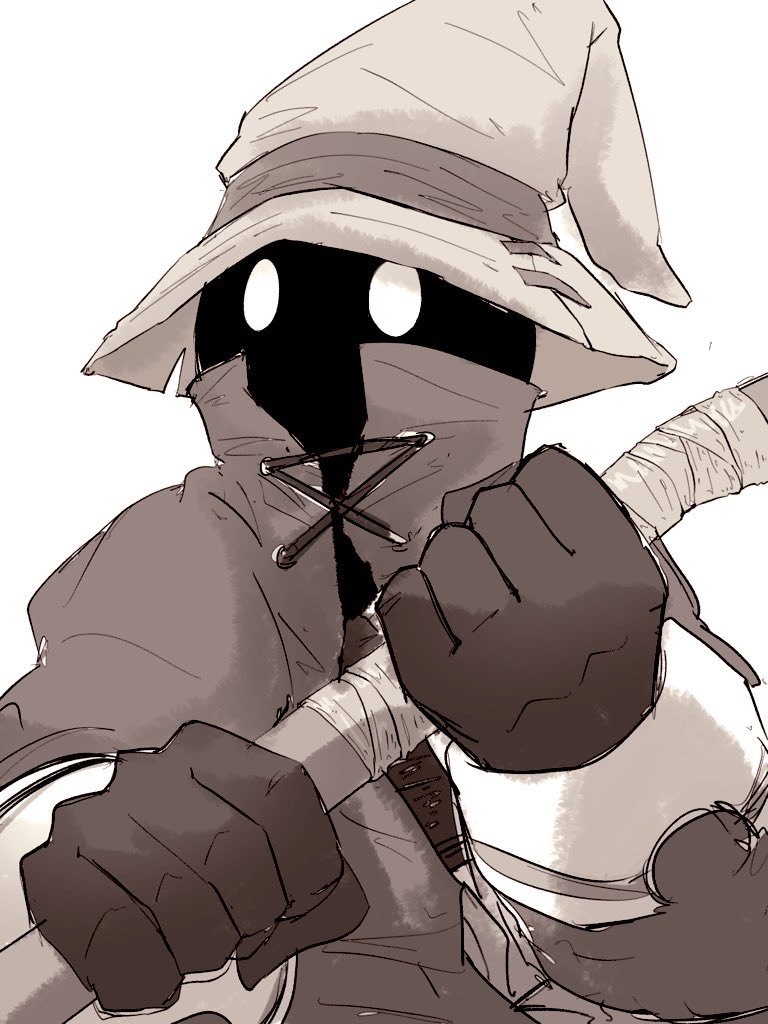 1boy black_mage_(final_fantasy) commentary_request final_fantasy final_fantasy_ix gloves greyscale holding holding_staff large_hat looking_to_the_side mage_staff monochrome robe staff sunao_(sunao_ekakiyou) vivi_ornitier