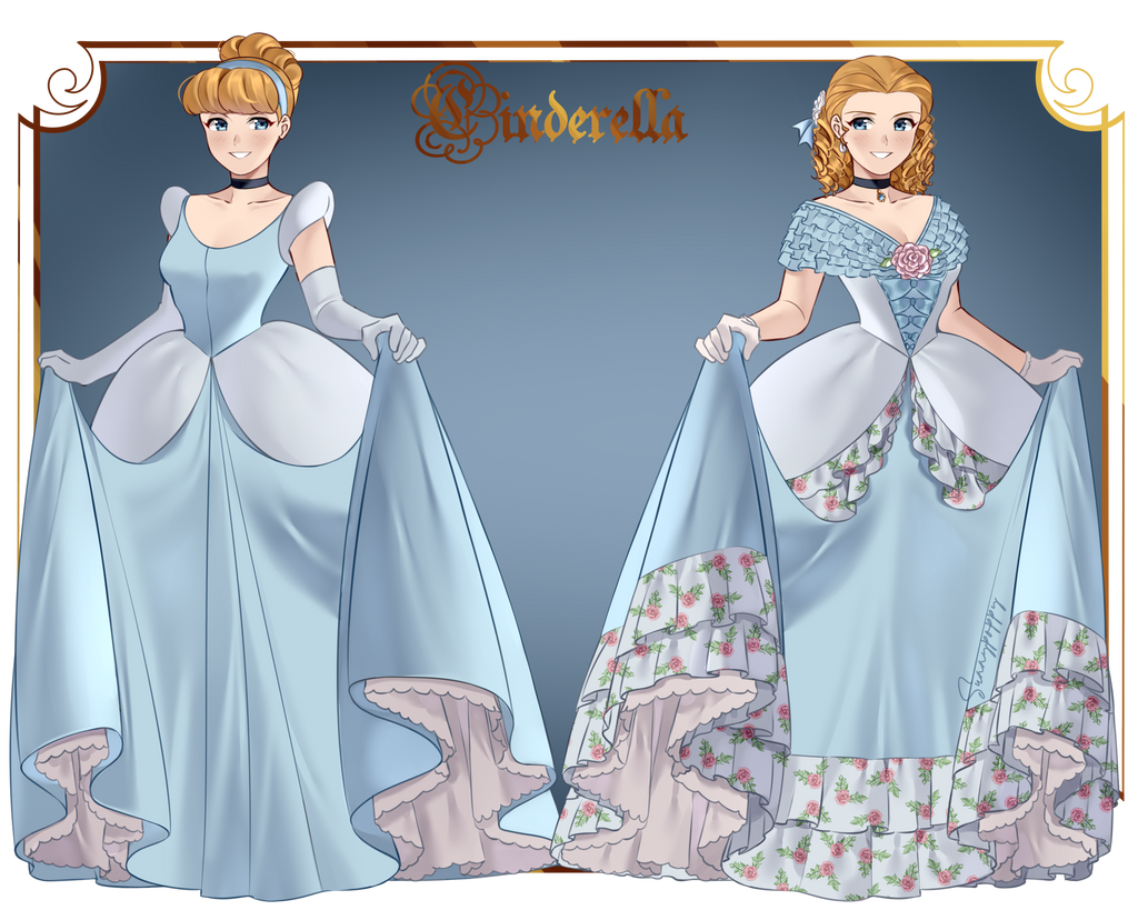 2girls alternate_costume ball_gown blonde_hair blue_dress blue_eyes choker cinderella deviantart disney dress elbow_gloves gloves hair_ornament historically_accurate multiple_girls simple_background sunnypoppy white_gloves
