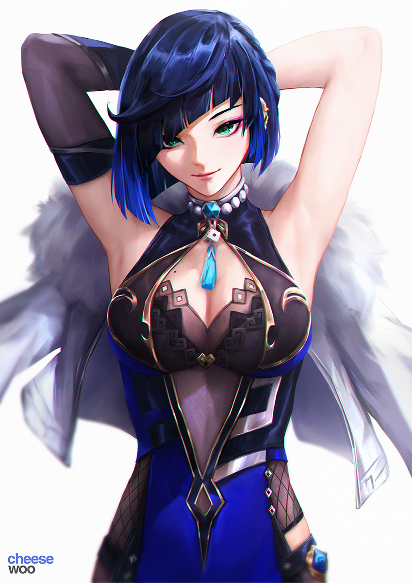 1girl armpits arms_behind_head arms_up artist_name asymmetrical_hair blue_bodysuit bob_cut bodysuit breasts cheesewoo cleavage cleavage_cutout closed_mouth clothing_cutout coat diagonal_bangs dice fishnets fur_coat genshin_impact gold_trim green_eyes highres light_smile lips looking_at_viewer medium_breasts short_hair simple_background single_sleeve solo tassel upper_body vision_(genshin_impact) white_background white_coat yelan_(genshin_impact)