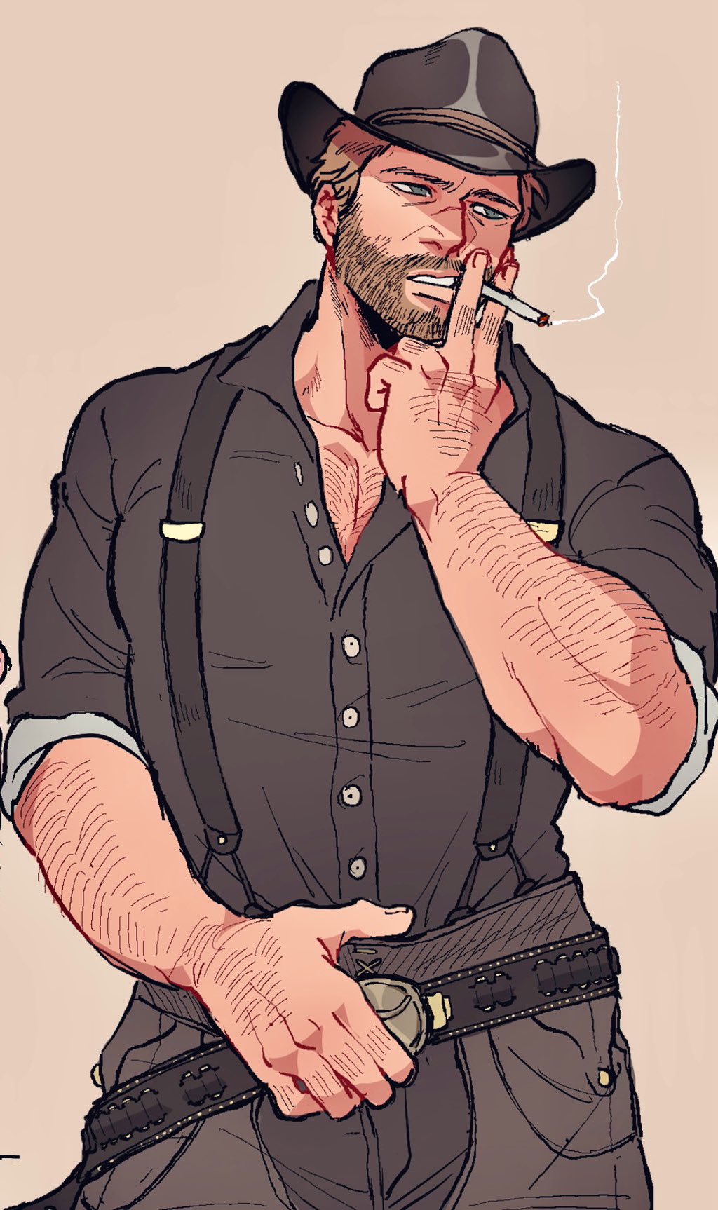 1boy arthur_morgan bara beard_stubble belt brown_hair chest_hair cowboy_shot facial_hair fedora hat highres large_pectorals male_focus mature_male muscular muscular_male okrckc pectoral_cleavage pectorals red_dead_redemption_(series) smoking solo sparse_arm_hair sparse_chest_hair stubble thick_eyebrows