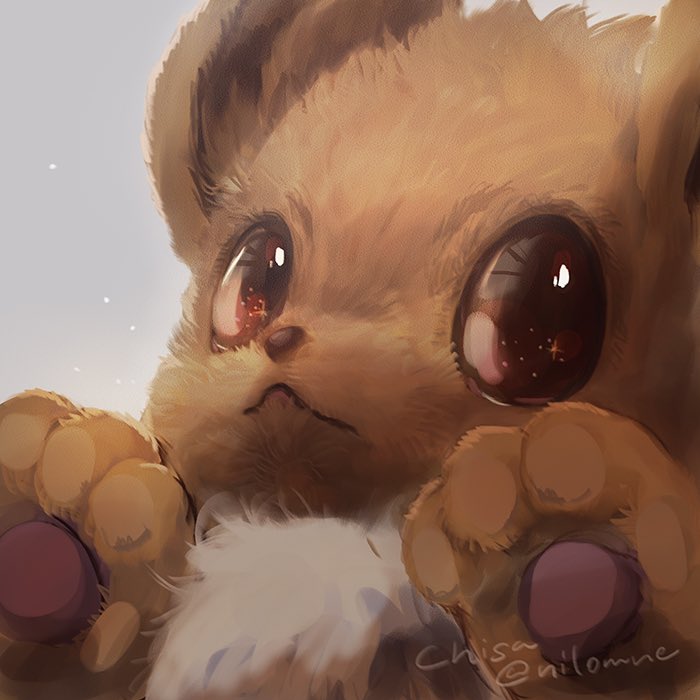 artist_name black_eyes brown_fur eevee gen_1_pokemon gradient_background grey_background momomo12 nintendo no_humans pokemon pokemon_(creature)