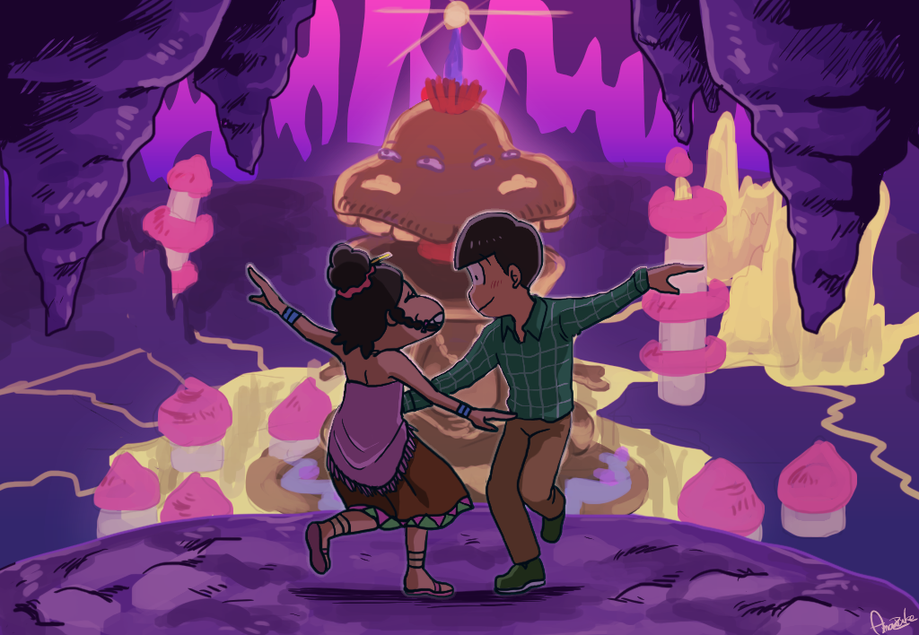 1boy 1girl amaizake black_hair bracelet braid brown_hair cave cave_interior dancing dark-skinned_female dark_skin dayoon_girl dress hair_bun hair_ornament hetero jewelry la_la_land matsuno_choromatsu osomatsu-san osomatsu_(series) parody sandals scenery smile twin_braids