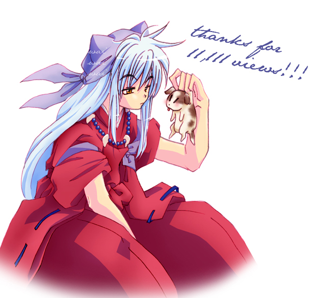 1boy animal animal_ears artist_name bead_necklace beads blue_hair commentary cropped_legs dog dog_ears english_commentary hakama hand_up headscarf holding holding_animal inuyasha inuyasha_(character) japanese_clothes jewelry kimono light_blue_hair long_hair looking_at_another male_focus milestone_celebration narrowed_eyes necklace orange_eyes puppy red_hakama red_kimono simple_background sleeves_rolled_up thank_you tongue tongue_out upper_body waiwaiwai watermark white_background