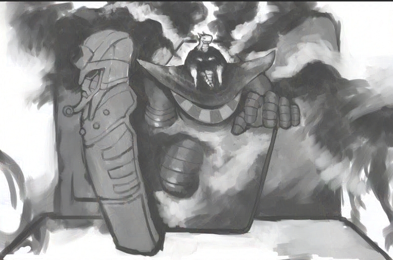 armor digimon digimon_(creature) looking_at_viewer monochrome pharaohmon sarcophagus solo