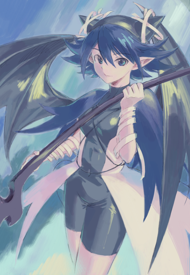 1girl bat_wings black_wings blue_capelet blue_eyes blue_hair capelet closed_mouth covered_navel dark_blue_hair flipped_hair holding looking_at_viewer overskirt pointy_ears riviera serene_(riviera) short_hair smile solo turtleneck unitard vaison wings