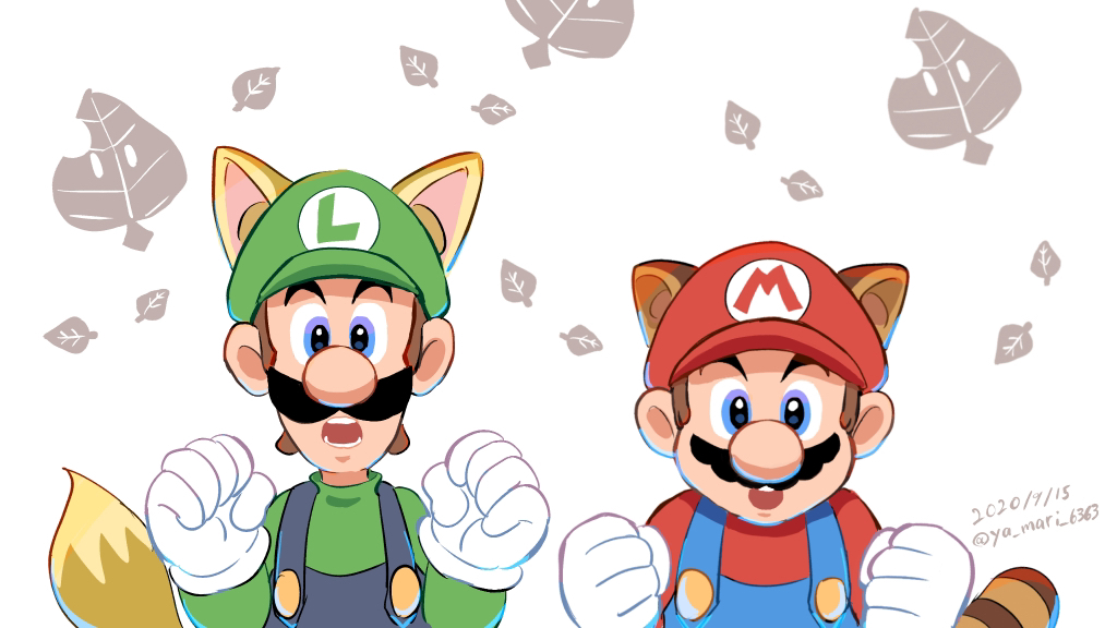 2boys animal_ears blue_eyes brothers brown_hair facial_hair fox_boy fox_ears fox_luigi fox_tail gloves hat kitsune_luigi looking_at_viewer luigi mario mario_(series) multiple_boys mustache new_super_mario_bros._2 nintendo open_mouth power-up raccoon_ears raccoon_mario raccoon_tail serious siblings super_leaf super_mario_bros._3 tail tanooki_mario tanuki_mario ya_mari_6363