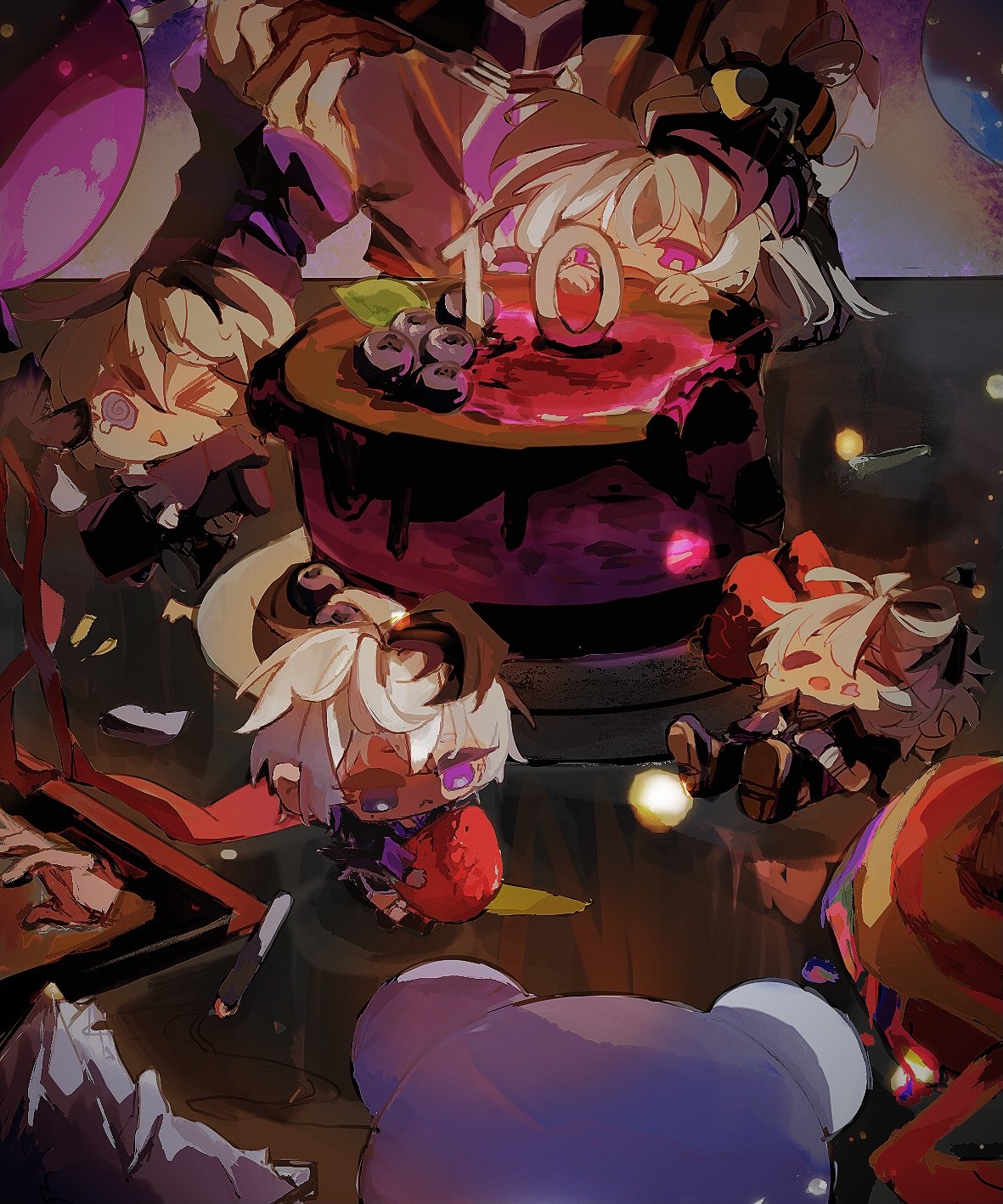 5girls ahoge androgynous arm_warmers balloon bandages bee birthday_cake black_hair blue_eyes boots bug cake cevio choker ci_flower corset flower_(gynoid_talk) flower_(vocaloid) flower_(vocaloid3) flower_(vocaloid4) food fork fruit happy_birthday high_ponytail highres holding holding_food holding_fork holding_fruit insect jacket long_hair lying milimoxiangzi mini_person minigirl multicolored_hair multiple_girls ponytail purple_hair short_hair short_hair_with_long_locks shorts stuffed_animal stuffed_toy tearing_up teddy_bear tomboy two-tone_hair vocaloid white_hair
