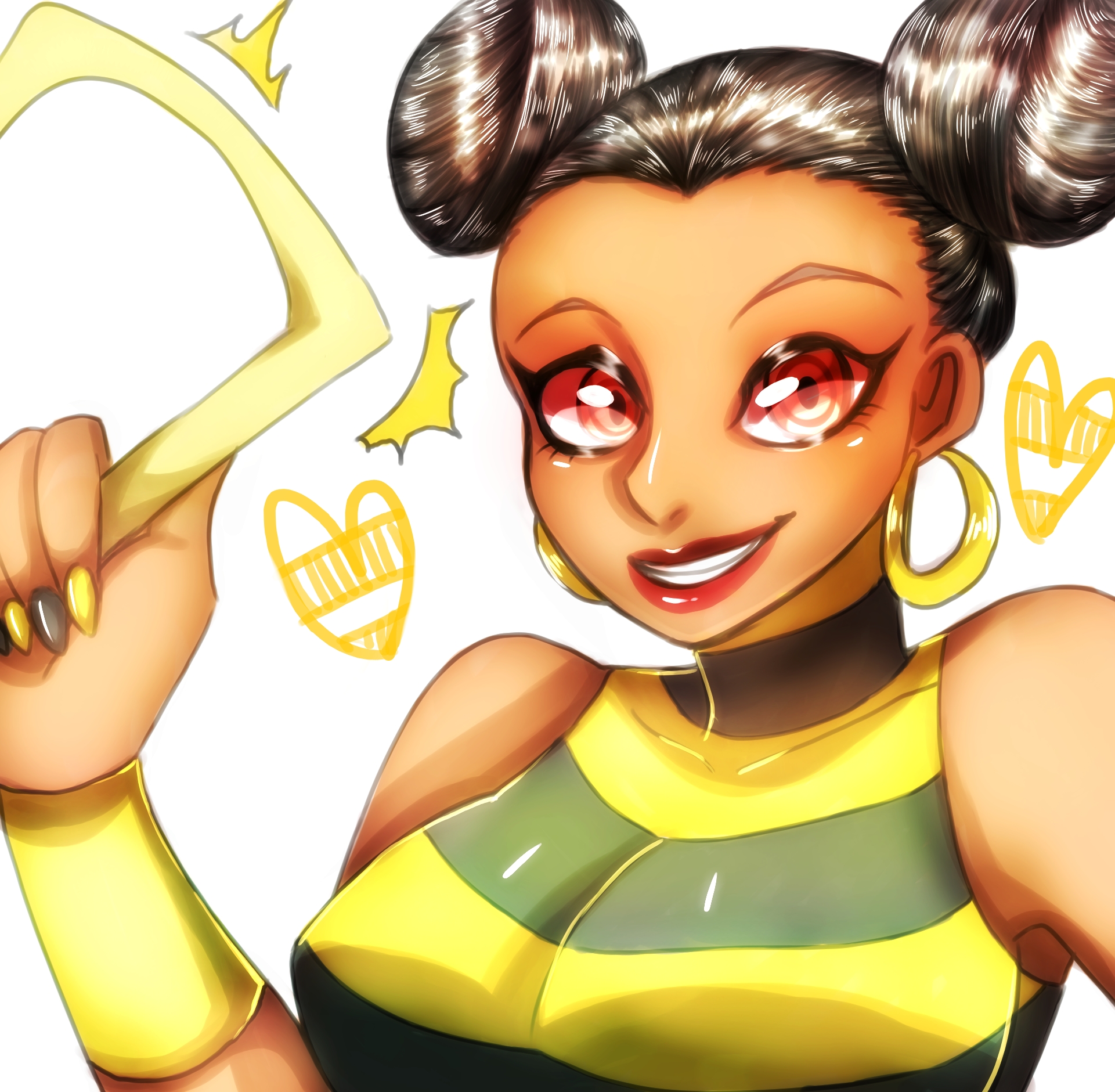 1girl black_hair brown_eyes bumble_bee dark_skin dark-skinned_female dc_comics double_bun female_focus highres karen_beecher nail_polish simple_background smile solo teen_titans