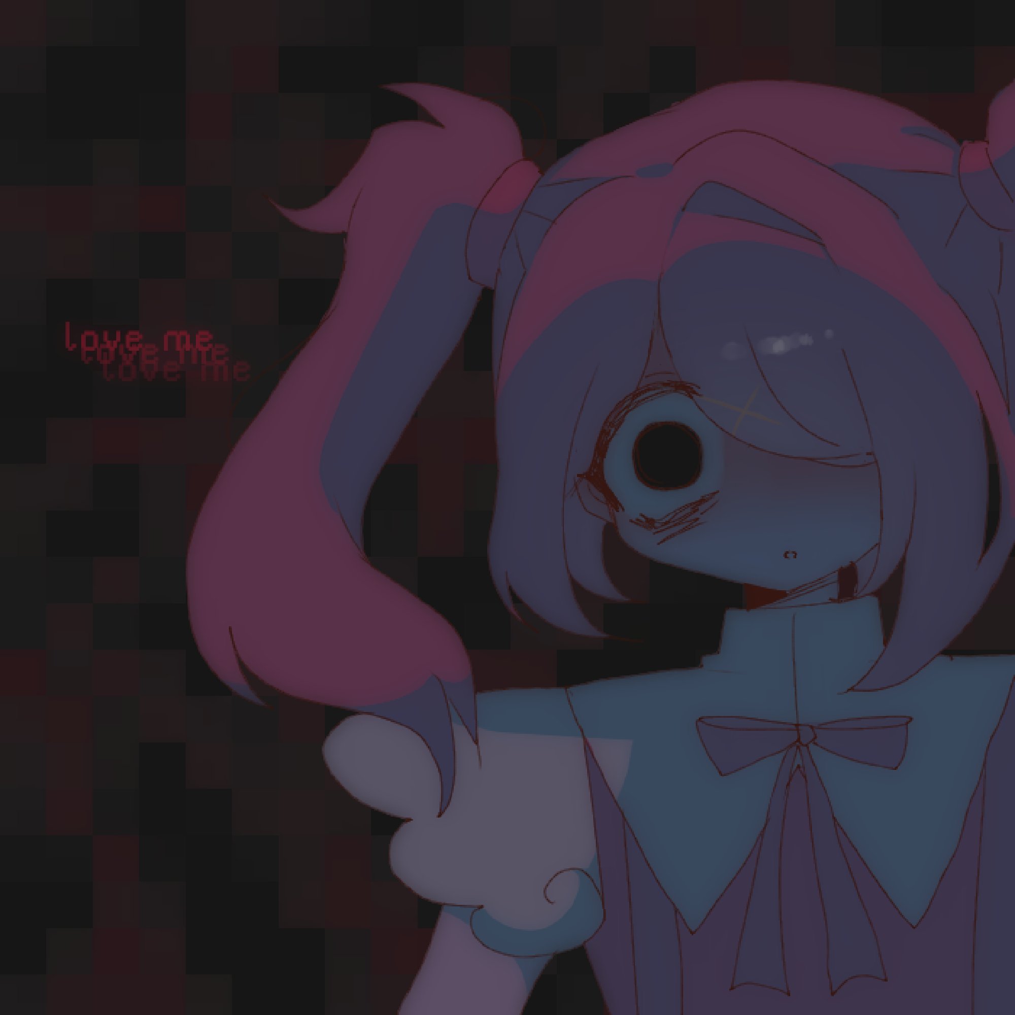 1girl ame-chan_(needy_girl_overdose) bags_under_eyes black_eyes black_ribbon brown_background commentary constricted_pupils deliriumcenter english_text hair_over_one_eye highres long_hair looking_at_viewer neck_ribbon needy_girl_overdose open_mouth red_shirt ribbon shirt solo suspenders symbol-only_commentary twintails upper_body wide-eyed