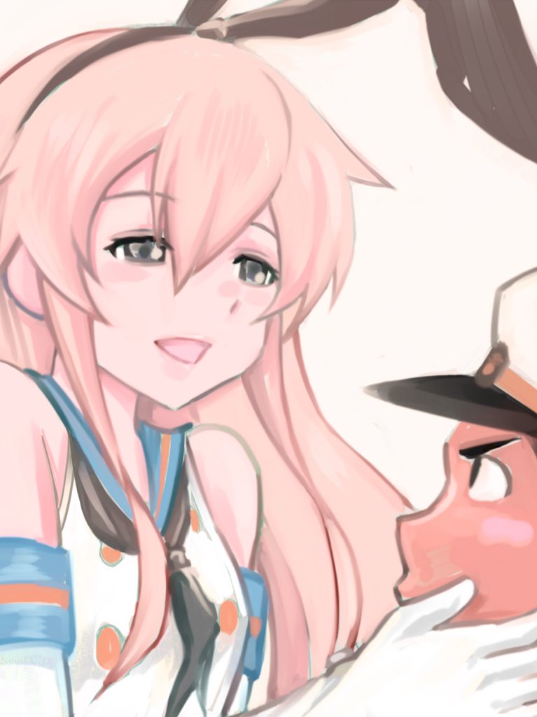 1boy 1girl admiral_(kancolle) anchor_hair_ornament animal_ears blonde_hair rabbit_ears commentary_request elbow_gloves fake_animal_ears gloves grey_eyes hair_between_eyes hair_ornament hairband hands_on_another&#039;s_face hat inoue_kousei kantai_collection long_hair neckerchief open_mouth peaked_cap sailor_collar sailor_shirt shimakaze_(kancolle) shirt sleeveless sleeveless_shirt smile white_background
