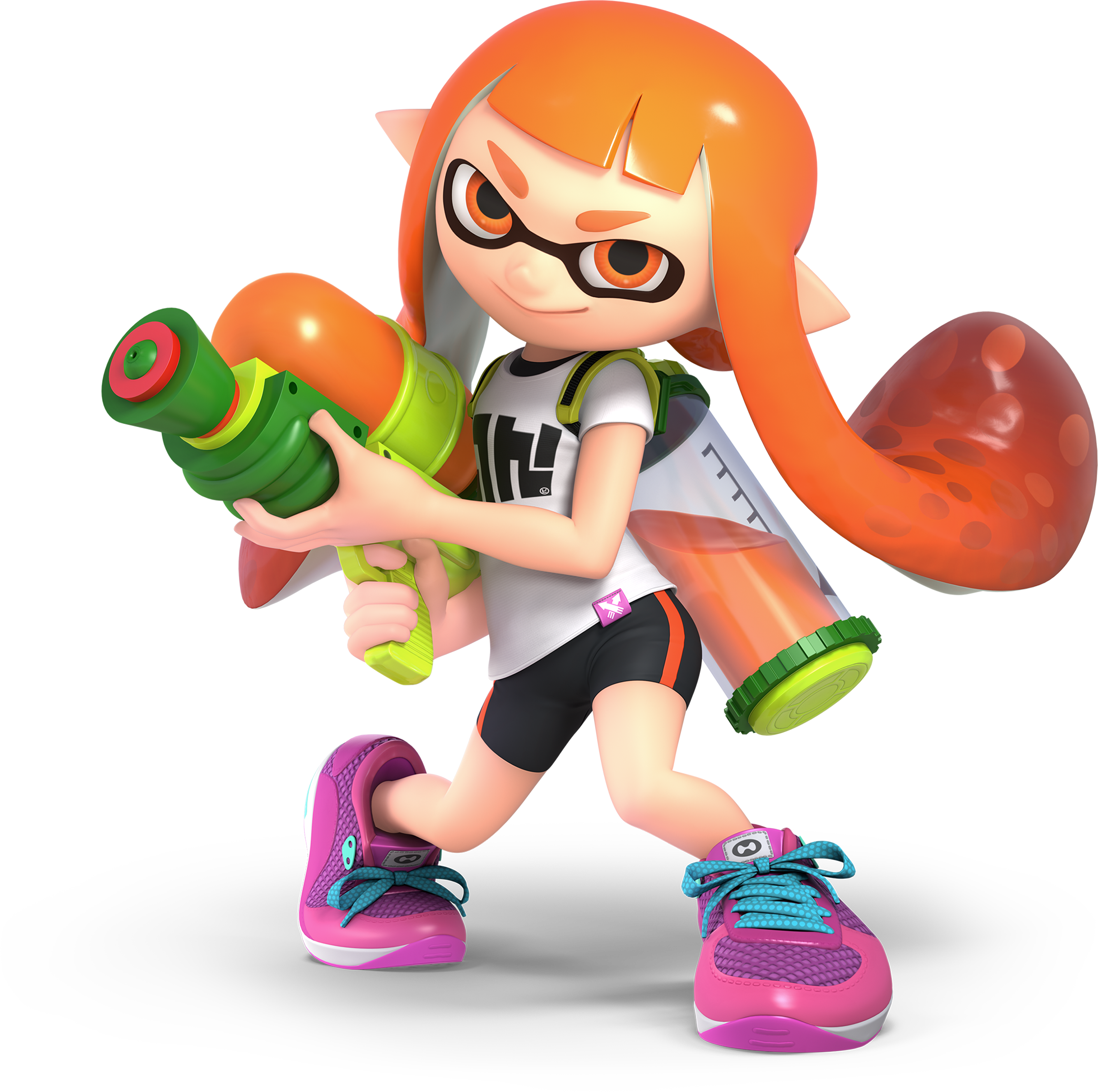 1girl 3d absurdres bare_arms bike_shorts eye_mask full_body gradient_hair highres holding holding_weapon ink_tank_(splatoon) inkling inkling_girl inkling_player_character kaori_(splatoon) long_hair looking_at_viewer multicolored_hair nintendo official_art orange_eyes orange_hair pink_shoes shirt shoelaces shoes short_eyebrows short_hair_with_long_locks sidelocks smile sneakers solo splatoon_(series) splatoon_1 splattershot_(splatoon) spotted_hair standing suction_cups super_smash_bros. t-shirt tentacle_hair thick_eyebrows transparent_background two-tone_hair v-shaped_eyebrows weapon white_shirt