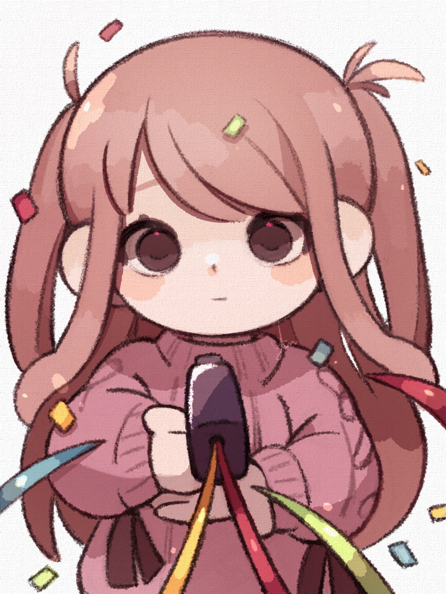 1girl blush_stickers brown_eyes closed_mouth commentary confetti dot_nose expressionless grey_background gun highres holding holding_gun holding_toy_gun holding_weapon long_hair long_sleeves looking_at_viewer original parted_lips pink_hair pink_sweater sidelocks simple_background solo sweater swept_bangs two_side_up upper_body weapon yknsugar