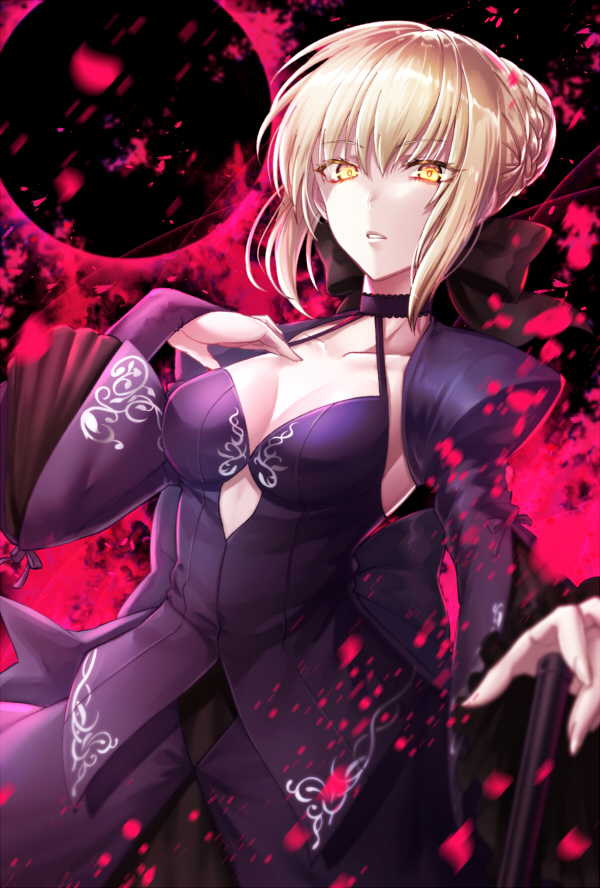 1girl artoria_pendragon_(fate) black_bow blonde_hair blouse bow braid braided_bun breasts bridal_gauntlets choker cleavage collarbone eclipse fate/stay_night fate_(series) female_focus hair_bow hair_bun hand_on_hilt kamuinii long_sleeves looking_at_viewer medium_breasts parted_lips purple_shirt purple_sleeves saber_alter saber_alter_(third_ascension) shirt short_hair shrug_(clothing) sidelocks skirt sleeveless sleeveless_shirt solo standing yellow_eyes