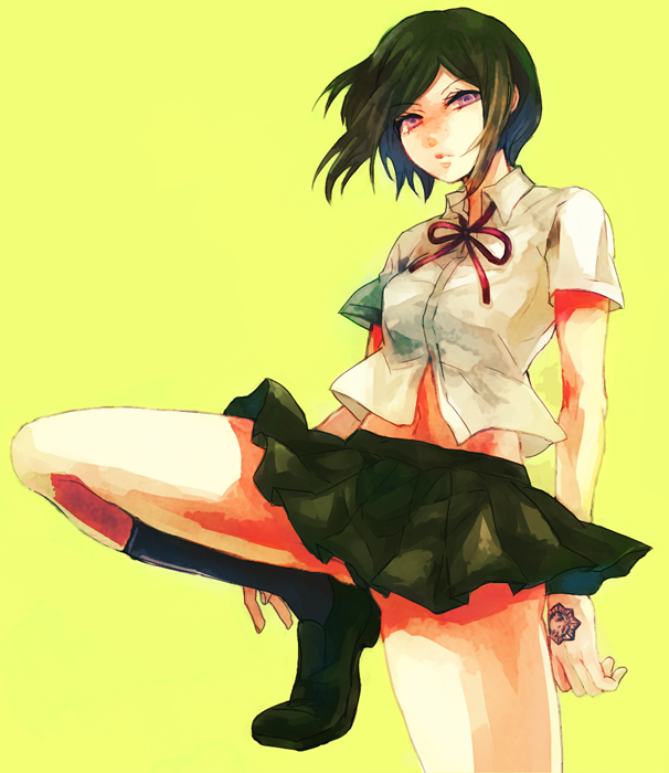 1girl black_footwear black_hair black_panties black_skirt bow calf_socks danganronpa:_trigger_happy_havoc danganronpa_(series) eyebrows eyelashes female_focus hand_tattoo ikusaba_mukuro leg_up legs legs_apart looking_at_viewer midriff_peek navel navel_peek neck_ribbon panties panty_peek pleated_skirt purple_eyes red_bow red_ribbon ribbon simple_background skirt solo solo_focus tattoo tattoo_on_hand underwear yellow_background