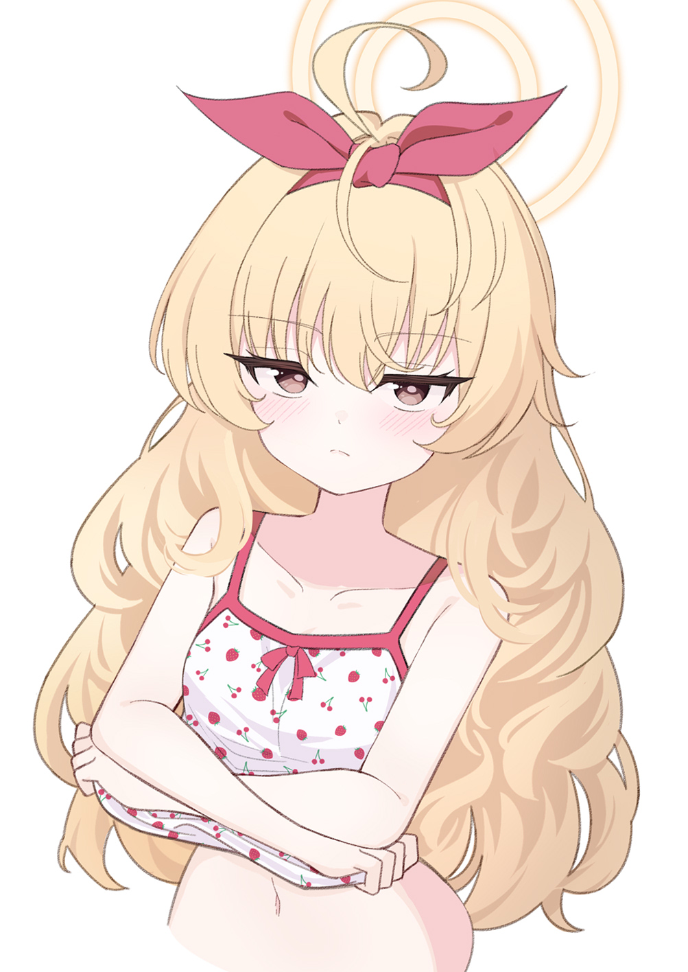 1girl ahoge alternate_costume alternate_hairstyle blonde_hair blue_archive blush breasts commentary_request deadpan hair_between_eyes hair_ornament halo highres long_hair looking_at_viewer navel ribbon rururiiro small_breasts solo yellow_eyes yoshimi_(blue_archive)