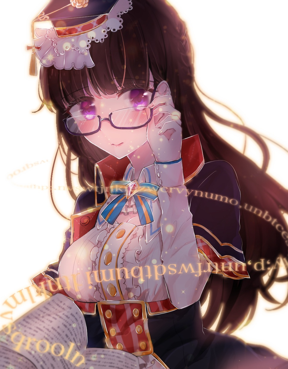 1girl adjusting_eyewear bad_id bad_pixiv_id bang_dream! bespectacled black-framed_eyewear black_hair blue_ribbon blush book capelet center_frills collared_shirt commentary_request female_focus frills glasses hat high-waist_skirt highres long_hair long_sleeves looking_at_viewer monthi mortarboard neck_ribbon open_book purple_eyes ribbon semi-rimless_eyewear shirokane_rinko shirt skirt smile solo striped_ribbon tassel under-rim_eyewear upper_body white_shirt