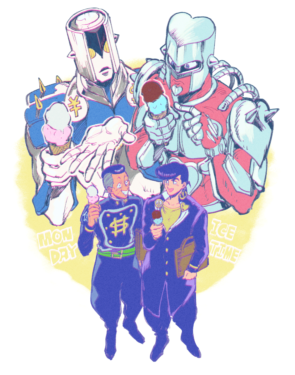 2boys commentary crazy_diamond diamond_wa_kudakenai dollar_sign food heart higashikata_josuke highres ice_cream ice_cream_cone jojo_no_kimyou_na_bouken multiple_boys nijimura_okuyasu oniyama831 peace_symbol pompadour school_uniform stand_(jojo) the_hand_(stand)