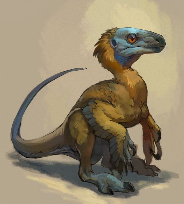 animal_focus claws dinosaur feathered_wings from_side full_body nablange no_humans orange_eyes original raptor solo tail wings yellow_background