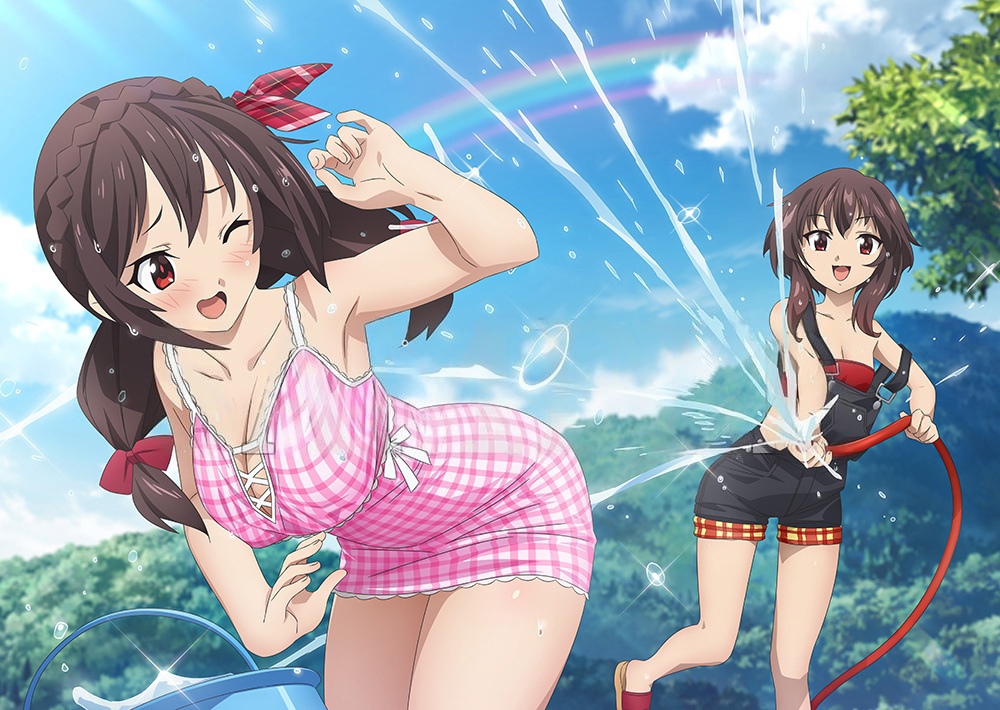 2girls :d armpits artist_request bandeau bare_legs bare_shoulders bent_over black_overalls blue_sky blush bow braid breasts brown_hair bucket bucket_of_water casual cleavage cloud collarbone cowboy_shot crown_braid day dress dress_bow dropping feet_out_of_frame foliage foot_up hair_between_eyes hair_bow hair_ribbon hand_up hill holding holding_hose hose kono_subarashii_sekai_ni_bakuen_wo! kono_subarashii_sekai_ni_shukufuku_wo! lace-up_top large_breasts leaning_forward long_hair looking_at_another looking_back low_twintails megumin midriff_peek multiple_girls non-web_source official_art one_eye_closed open_mouth outdoors overall_shorts overalls plaid_bow playing promotional_art rainbow raised_eyebrows red_bandeau red_bow red_eyes red_pupils ribbon sandals short_dress short_hair short_hair_with_long_locks sidelocks sky sleeveless sleeveless_dress small_breasts smile sparkle splashing standing strap_slip sundress thigh_gap tree twintails water water_drop wet wet_hair white_bow yunyun_(konosuba)