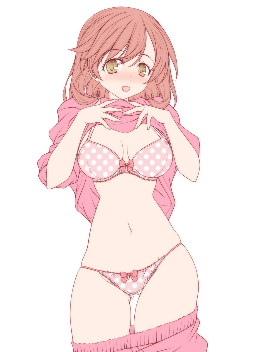 1girl blush bow bow_bra bow_panties bra breasts clothes_lift clothes_pull commentary cowboy_shot crotch_seam highres kikuchi_tsutomu lace lace-trimmed_bra lace-trimmed_panties lace_trim lifting_own_clothes long_sleeves looking_at_viewer loungewear medium_breasts medium_hair open_mouth original panties pants pants_pull pink_bra pink_hair pink_panties pink_pants pink_shirt polka_dot polka_dot_bra polka_dot_panties shirt shirt_lift simple_background sleeves_rolled_up smile solo standing underwear white_background yellow_eyes