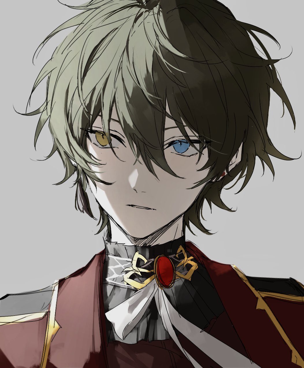 1boy black_hair black_shirt blue_eyes brooch double-parted_bangs ear_piercing ensemble_stars! expressionless grey_background hair_between_eyes heterochromia highres jacket jewelry kagehira_mika male_focus nozz177 parted_lips piercing portrait red_jacket shadow shirt short_hair sidelighting sideways_glance simple_background solo wavy_hair wind yellow_eyes