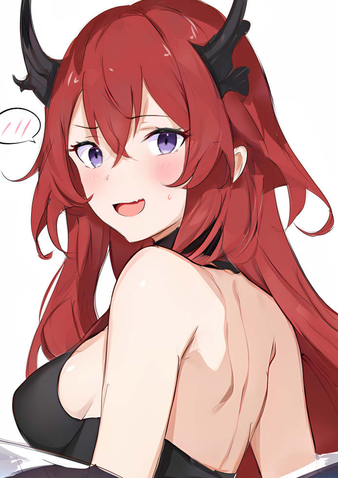1girl :d arknights bare_shoulders blush breasts commentary_request embarrassed from_side horns long_hair looking_at_viewer looking_to_the_side medium_breasts open_mouth purple_eyes raifu_(rf) raised_eyebrows red_hair shoulder_blades sideboob simple_background smile speech_bubble spoken_blush surtr_(arknights) upper_body white_background