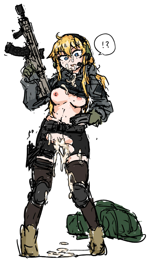 !? 1girl aftersex blonde_hair breasts cum cum_in_pussy cum_on_body cumdrip dutchko escape_from_tarkov facial female_focus full_body indie_virtual_youtuber medium_breasts shorts solo standing torn_clothes torn_shorts virtual_youtuber whiskey_project