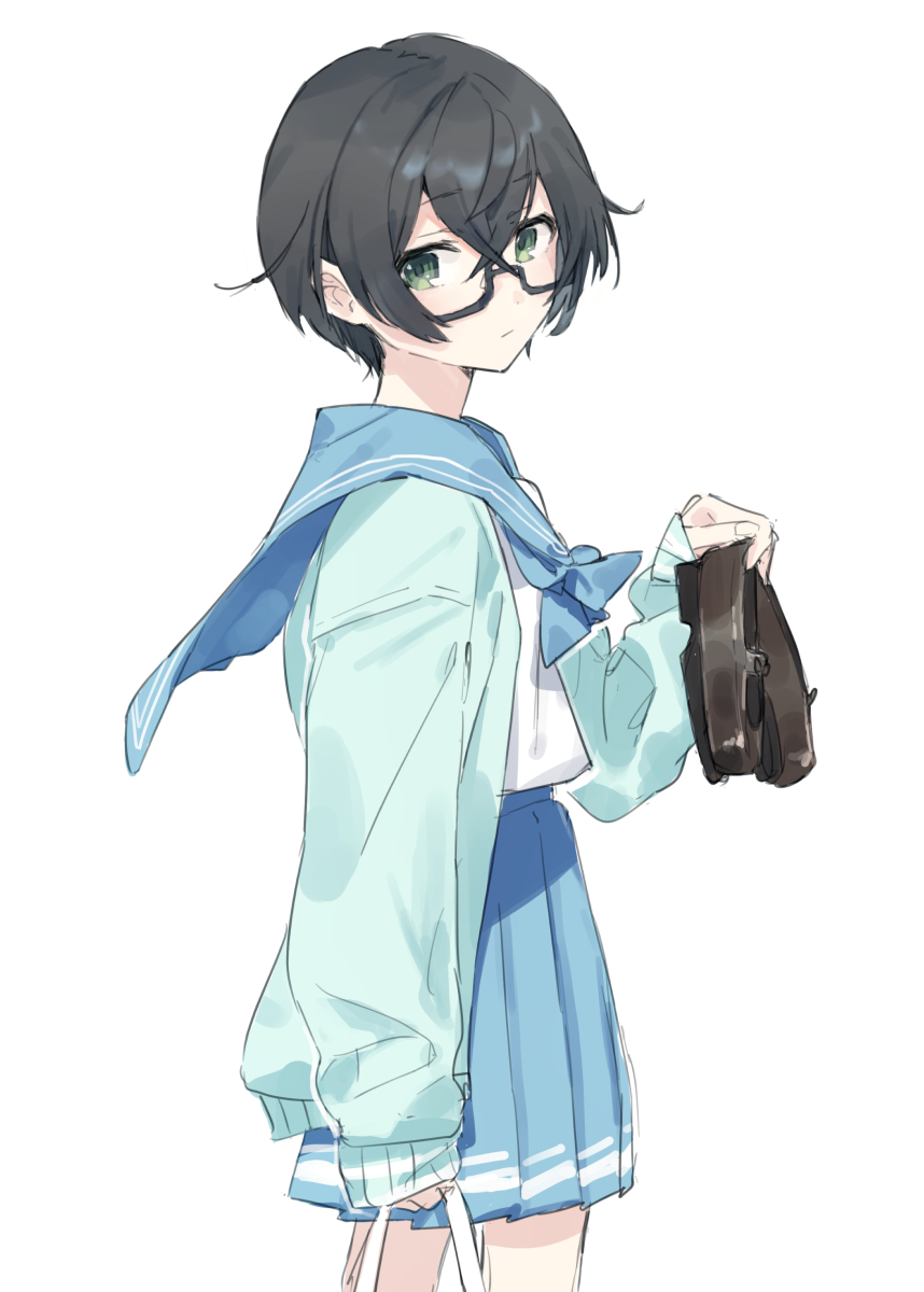 1girl alternate_costume alternate_hair_length alternate_hairstyle bag black_hair blue_cardigan blue_ribbon blue_sailor_collar blue_skirt cardigan cevio closed_mouth commentary expressionless feet_out_of_frame from_side glasses green_eyes hanakuma_chifuyu highres hitogome holding holding_bag holding_shoes loafers neck_ribbon open_cardigan open_clothes ribbon sailor_collar shirt shoes short_hair simple_background skirt solo standing symbol-only_commentary synthesizer_v white_shirt