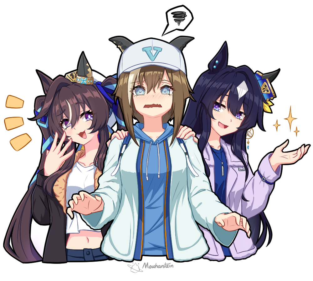 3girls @_@ artist_name blue_eyes blue_hair breasts brown_hair casual cheval_grand_(umamusume) collarbone dark_blue_hair earrings hair_between_eyes hair_ornament hat horse_girl jacket jewelry long_hair looking_at_viewer medium_breasts medium_hair midriff mouhantain multiple_girls open_mouth purple_eyes siblings simple_background single_earring sparkle twintails umamusume verxina_(umamusume) vivlos_(umamusume) white_background