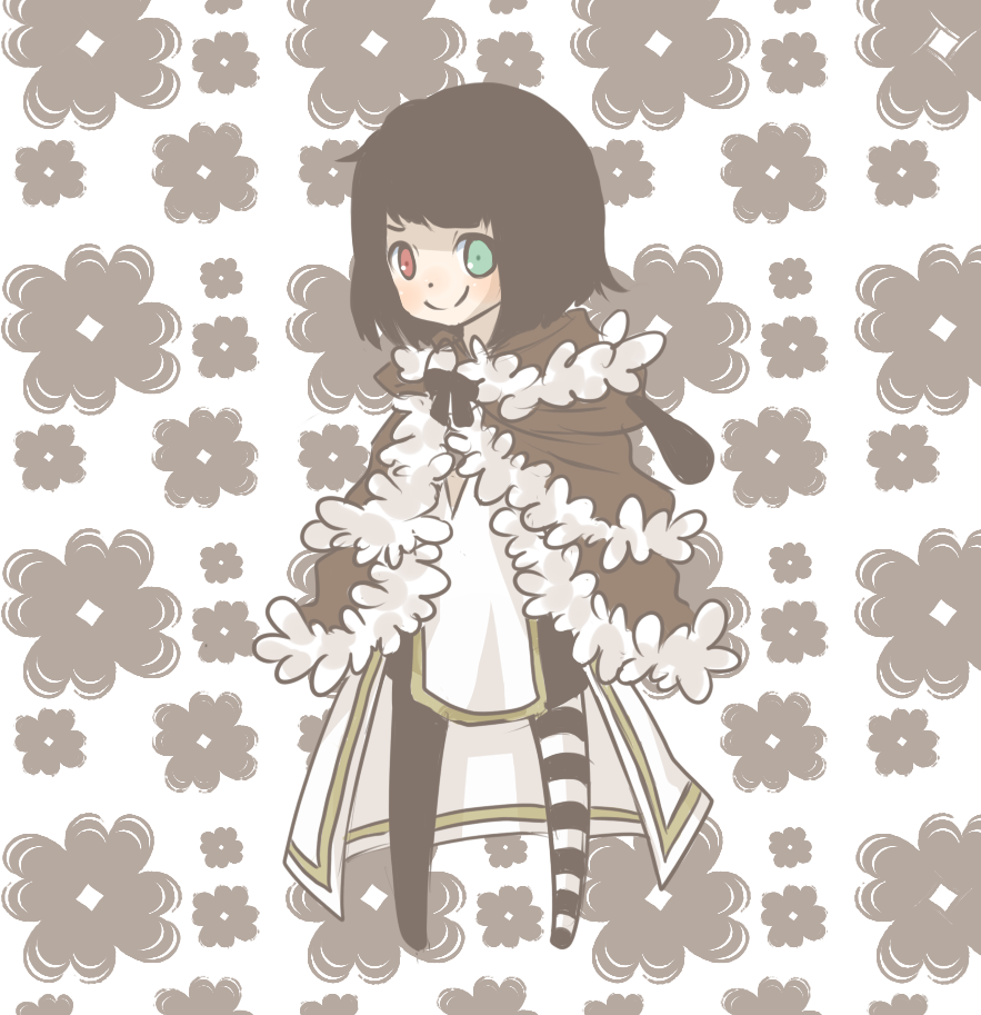 1girl asymmetrical_legwear black_hair black_pantyhose blush bob_cut brown_cape cape closed_mouth commentary_request dress full_body fur-trimmed_cape fur_trim green_eyes grey_background heterochromia high_wizard_(ragnarok_online) looking_at_viewer meiko_(nattu303) mismatched_legwear pantyhose ragnarok_online red_eyes short_hair smile solo standing white_dress