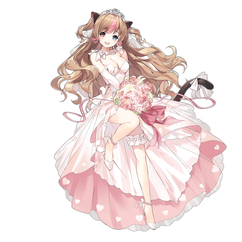 1girl anklet blue_eyes blush bouquet breasts bridal_veil brown_hair character_name cleavage dress earrings fang female_focus flower frilled_thigh_strap full_body girls&#039;_frontline gloves gun h&amp;k_mark_23 hair_ornament handgun heart heart_earrings heckler_&amp;_koch heterochromia high_heels holding holding_bouquet jewelry layered_dress leg_up long_hair looking_at_viewer match_grade match_grade_firearm match_grade_pistol medium_breasts mk23_(conveyed_feelings)_(girls&#039;_frontline) mk23_(girls&#039;_frontline) multicolored_hair offensive_handgun official_alternate_costume official_art open_mouth pink_dress pink_flower pink_ribbon pink_rose pumps red_eyes ribbon rose sheska_xue shoes smile solo strapless strapless_dress streaked_hair thigh_strap tiara transparent_background veil weapon wedding_dress white_dress white_gloves white_shoes
