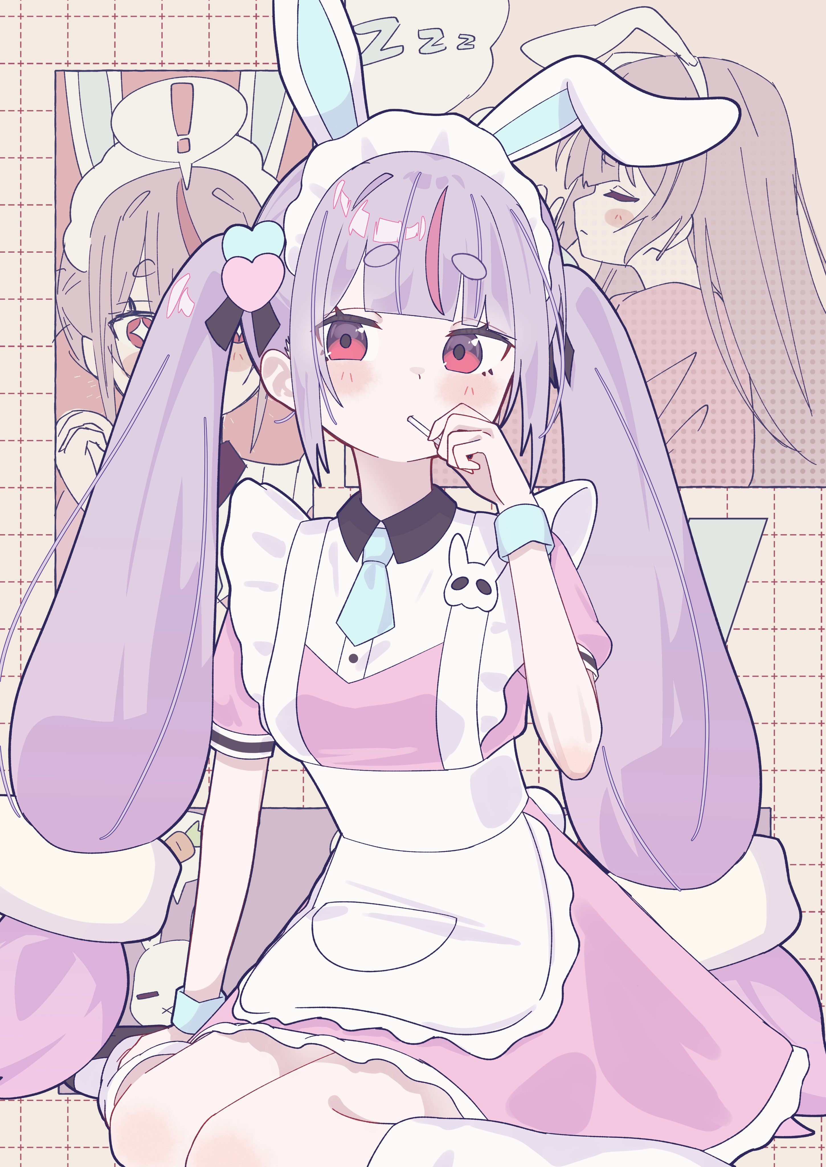 ! 1girl absurdres alternate_costume animal_ear_headband animal_ears apron blue_necktie blunt_bangs cattleya_regina_games dress fake_animal_ears gradient_hair grid_background hair_ornament heart heart_hair_ornament highres maid maid_apron maid_headdress multicolored_hair necktie pink_dress pink_hair puffy_short_sleeves puffy_sleeves purple_hair rabbit_ears red_eyes shimoyake_(lethal_penguin) short_necktie short_sleeves sitting socks solo sparkling_eyes streaked_hair thick_eyebrows tosaki_mimi twintails virtual_youtuber vspo! wariza white_socks wrist_cuffs zzz