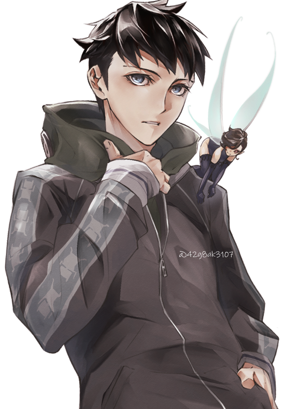 1boy 1girl arm_up artist_name black_hair blue_eyes commentary_request demi-fiend demon_(megami_tensei) grey_hoodie hood hoodie kiriko_(42g8ak3107) parted_lips pixie_(megami_tensei) shin_megami_tensei shin_megami_tensei_iii:_nocturne short_hair standing twitter_username white_background zipper zipper_pull_tab