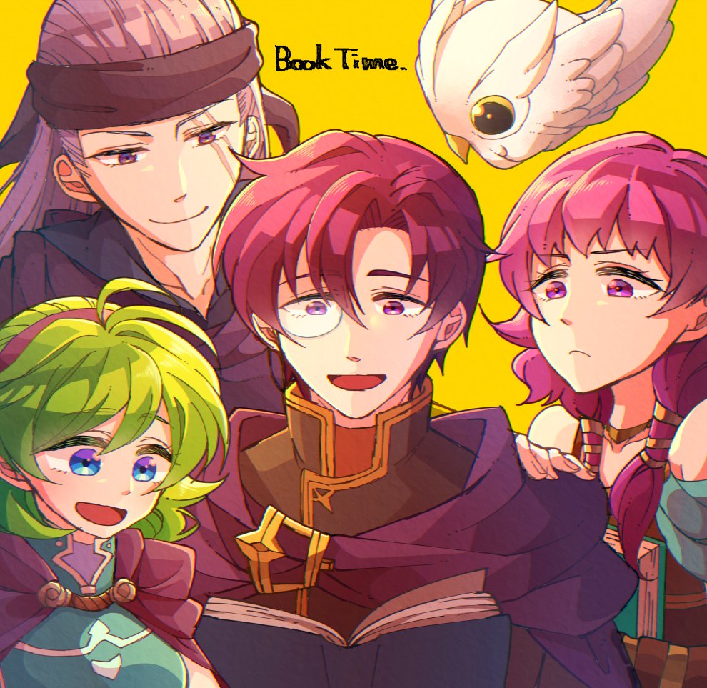2boys 2girls bare_shoulders black_headband blue_eyes book canas_(fire_emblem) cape closed_mouth feh_(fire_emblem_heroes) fire_emblem fire_emblem:_the_blazing_blade fire_emblem:_the_sacred_stones fire_emblem_heroes green_hair hairband headband holding holding_book hzk_(ice17moon) jewelry legault_(fire_emblem) long_hair lute_(fire_emblem) monocle multiple_boys multiple_girls necklace nino_(fire_emblem) nintendo open_book open_mouth purple_eyes purple_hair purple_hairband scar scar_across_eye scar_on_face short_hair simple_background smile twintails yellow_background