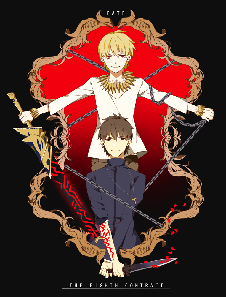 2boys azoth_knife blonde_hair bracelet brown_eyes brown_hair chain command_spell cross cross_necklace dagger ea_(fate) fate/zero fate_(series) gilgamesh_(fate) jewelry knife kotomine_kirei male_focus multiple_boys naname13 necklace official_alternate_costume red_eyes spoilers weapon