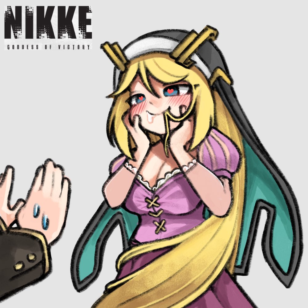 1boy 1girl blonde_hair blue_eyes blush breasts cleavage closed_mouth commander_(nikke) copyright_name cosplay dress drooling goddess_of_victory:_nikke hair_in_own_mouth hands_on_own_cheeks hands_on_own_face heart heart-shaped_pupils large_breasts long_hair nijigen_blueshy pink_dress rapunzel_(disney) rapunzel_(disney)_(cosplay) rapunzel_(nikke) saliva sleeveless smile symbol-shaped_pupils tangled veil very_long_hair
