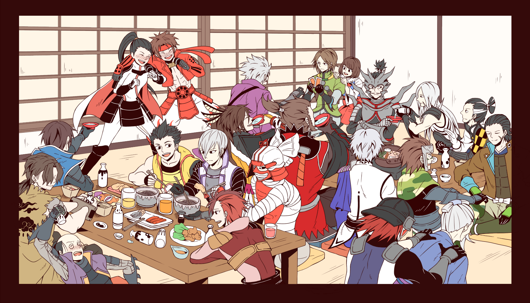 1girl 6+boys akechi_mitsuhide_(sengoku_basara) armor bad_id bad_pixiv_id bald black_border black_hair blush border bottle brown_hair cape card character_request chopsticks crossed_arms date_masamune_(sengoku_basara) drink closed_eyes food fuuma_kotarou gotou_matabei_(sengoku_basara) grey_hair hair_over_eyes hair_tie hat helmet highres houjou_ujimasa_(sengoku_basara) indian_style ishida_mitsunari_(sengoku_basara) japanese_armor japanese_clothes karaoke katakura_kojuurou katakura_kojuurou_(sengoku_basara) kuroda_kanbei li_naotora long_coat long_hair matsunaga_hisahide multicolored_hair multiple_boys music oda_nobunaga_(sengoku_basara) ootani_yoshitsugu playing_card ponytail red_hair sakon_shima_(sengoku_musou) sanada_yukimura_(sengoku_basara) sarutobi_sasuke scar sengoku_basara shima_sakon_(sengoku_basara) shima_sakon_(sengoku_musou) shoulder_spikes shuntaro_(syun_gaomu) singing sitting spikes takenaka_hanbee_(sengoku_basara) tatami tokugawa_ieyasu_(sengoku_basara) toyotomi_hideyoshi_(sengoku_basara) tsuruhime two-tone_hair white_hair