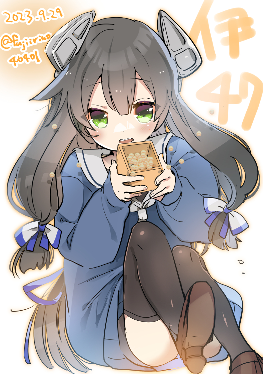 1girl beans black_hair black_thighhighs blue_dress box cowboy_shot dated dress fujii_rino headgear i-47_(kancolle) i-47_(setsubun)_(kancolle) kantai_collection long_hair low-tied_long_hair masu neckerchief one-hour_drawing_challenge sailor_collar sailor_dress shoes sidelocks sitting solo thighhighs twitter_username white_background white_neckerchief white_sailor_collar