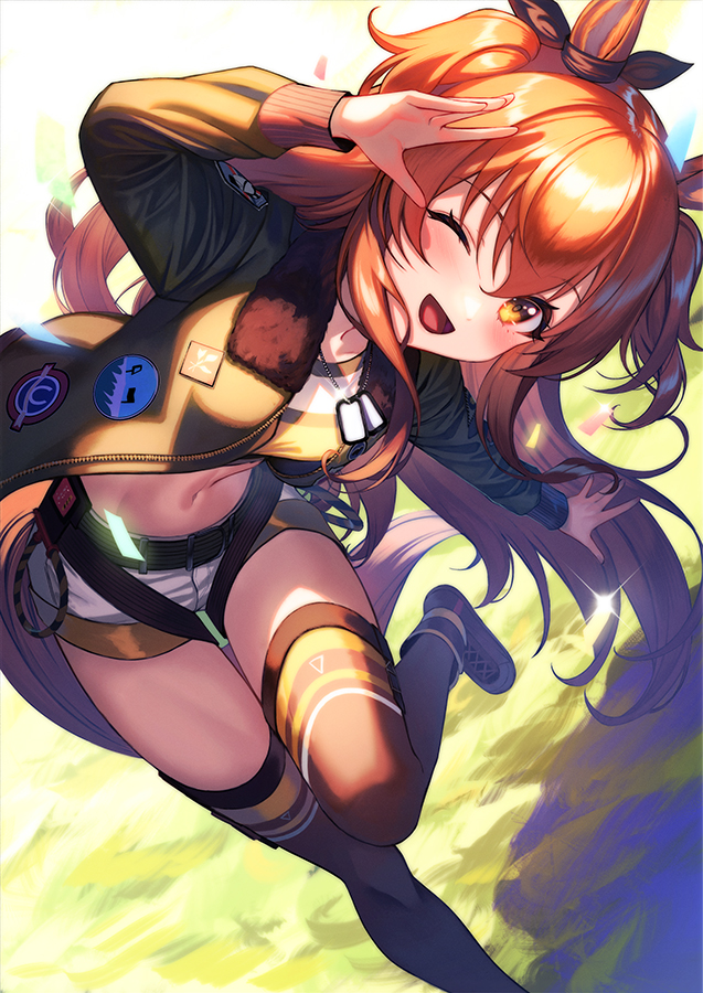 1girl ;d animal_ears arm_up belt blush bomber_jacket bow breasts brown_ribbon brown_shoes brown_thighhighs commentary crop_top dog_tags ear_ribbon grass green_belt green_jacket groin hair_between_eyes horse_ears horse_girl horse_tail jacket long_hair long_sleeves looking_at_viewer mayano_top_gun_(umamusume) midriff navel one_eye_closed open_clothes open_jacket open_mouth orange_eyes orange_hair ribbon shadow shirt shoes short_shorts shorts sidelocks skindentation small_breasts smile sneakers solo sparkle standing standing_on_one_leg tail thighhighs two_side_up umamusume unowen white_shorts