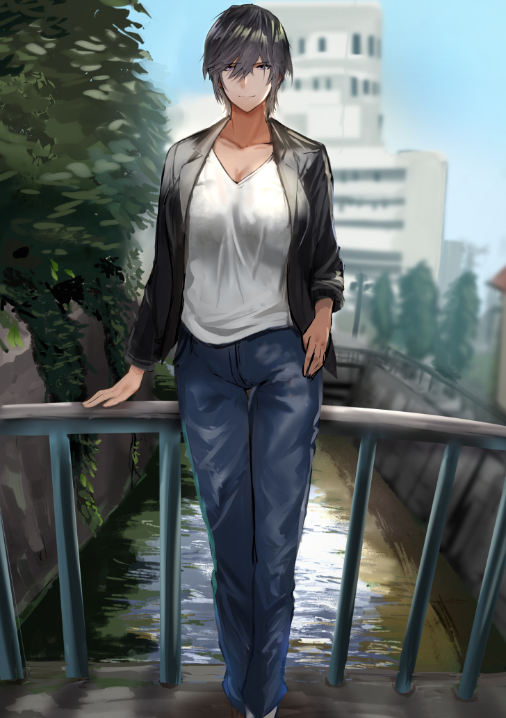 1girl baluster black_eyes black_hair breasts building coat collarbone crossdressing crossdressing_(ftm) denim eyebrows_hidden_by_hair hair_between_eyes jeans jikihatiman large_breasts looking_at_viewer original outdoors pants railing reverse_trap river shirt short_hair smile solo standing tomboy
